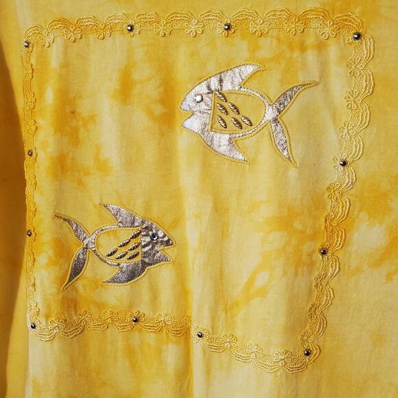 Cotton Code Yellow Maxi Dress Size L XL Tall Applique Short Sleeve Tie Dye USA - Picture 3 of 10